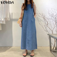 VONDA ชุดเดรสยาวผ้าเดนิมแขนกุดเสื้อยืดคอกลมลำลองสำหรับผู้หญิง (ลำลองเกาหลี)