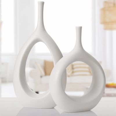 White Ceramic Hollow Vases Set of 2 Flower Vase for Decor Modern Decorative Vase Centerpiece for Wedding Table for Home