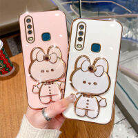 เคสโทรศัพท์กระต่ายน่ารักสำหรับ VIVO Y15S / Y15A / Y16 / Y12 / Y15 / Y17 / Y19 / Y91C / Y85 / Y91 / Y93/Y95ชุบโครเมี่ยมสุดหรูกล่องสี่เหลี่ยมจตุรัสแต่งหน้า Tpuนิ่มชนิดใสฝาครอบโทรศัพท์ + ขาตั้ง