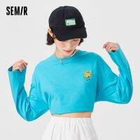 ➦SEMIR เสื้อยืดแขนยาวสำหรับผู้หญิง,เสื้อโอเวอร์ไซส์ตัวสั้นดีไซน์แบบช่องเสียบ2021