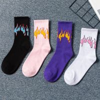 Men Fashion HipHop Hit Color On Fire Crew Socks Unisex white Flame Blaze Power Torch Hot Warmth Street Skateboard Cotton Socks