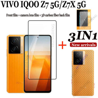 (3 In 1) สำหรับ VIVO IQOO Z7 5G /Vivo IQOO Z7X 5G ฟิล์มปกป้องหน้าจอกระจกนิรภัยป้องกันเต็มพื้นที่ + ฟิล์มเลนส์กล้อง + ฟิล์มหลังคาร์บอนไฟเบอร์