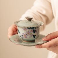 Gaiwan ถ้วยเซรามิกสำหรับใส่ชาและชุดน้ำชาสีเขียวชามชาจีนภาพวาดดอกกล้วยไม้ด้วยมือลายดอกไม้