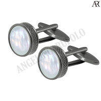 ANGELINO RUFOLO Cufflink(คัฟลิงค์) ดีไซน์ Pearl Circle กระดุมข้อมือคัฟลิ้งโรเดียมคุณภาพเยี่ยม ตัวเรือนสีดำ ประดับตกแต่งด้วย Pearl