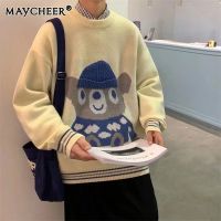 MAYCHEER เสื้อแขนยาวชาย เสื้อสวมหัวแขนยาวลายการ์ตูนสำหรับผู้ชายเสื้อสเวตเตอร์คอกลมหล่อสไตล์เกาหลีเสื้อถักคู่สำหรับผู้ชาย