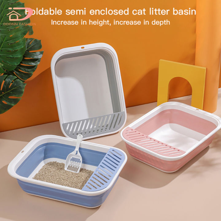 กระโถนกล่องทรายแมวพับได้เปิดได้ถาดใส่ลูกแมวพร้อมอุปกรณ์ทำความสะอาดตักห้องน้ำแมวสัตว์เลี้ยง