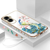 Volans เคสสำหรับ Honor 90 5G 90 Lite 5G ฟรีสายคล้องลายการ์ตูนนกยูงขอบสี่เหลี่ยมเคสโทรศัพท์ชุบหรูหราเคสโทรศัพท์นิ่ม