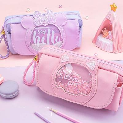 Disney Minnie Cute girl large capacity pencil case student multi-functional pencil case quicksand stationery box