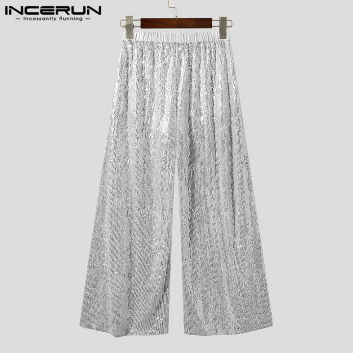 incerun-กางเกงขากว้างสำหรับผู้ชาย-กางเกงขากว้างกางเกงเอวยางยืดแวววาวแวววาว-สไตล์ตะวันตก
