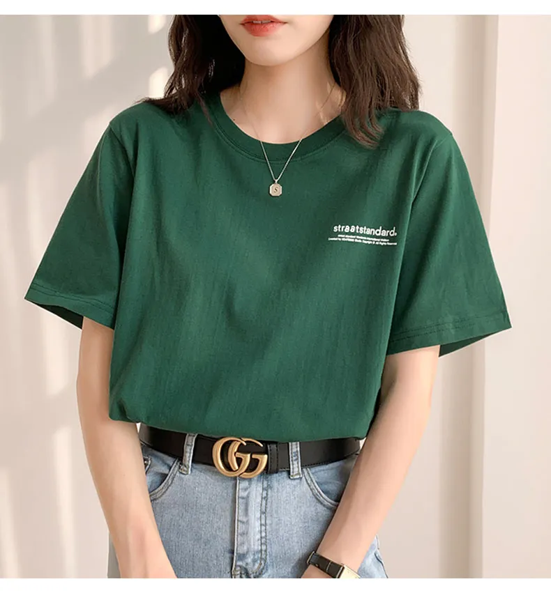 Green Short Sleeve T-Shirt Women's Summer Loose Korean Style