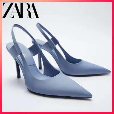 Zara ใหม่ รองเท้าส้นเข็ม หัวแหลม สีฟ้า สําหรับผู้หญิง