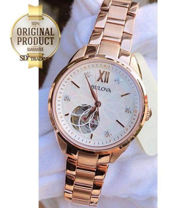 bulova-รุ่น-97p121-automatic-5diamonds-womens-watch-pinkgold-mother-of-pearl-เพชรแท้5เม็ด-หน้าปัดมุก