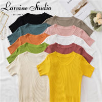 LAREINE เสื้อยืดผู้หญิงสีทึบแขนสั้นคอสั้นกลมเสื้อสเวตเตอร์ผ้าไหมน้ำแข็ง