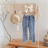 20221 Korean Version Childrens Clothing Girls Spring New Style Sweet Irregular Pearl Jeans Flared Pants Trousers 6105-Qq