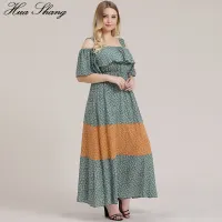 5XL Plus ขนาด Boho ชุดผู้หญิง2019ฤดูร้อน Ruffles Slash คอเย็นไหล่ชุดชายหาดดอกไม้พิมพ์ Contrast Maxi ยาว Dresses