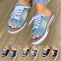 fish canvas mouth lace-up flat casual large open-toe denim ladies slippers Ladies summer shoes shoes