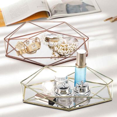 Vintage European Colorful Glass Metal Storage Tray Gold Oval Dotted Fruit Plate Desktop Small Items Jewelry Display Tray Mirror