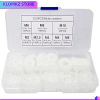 KLOMKZ 520Pcs M2 M2.5 M3 M4 M5 M6 M8 M10 เครื่องซักผ้าไนลอน ขนาด8นิ้ว กลมกลมๆ แหวนปิดผนึก แหวนรองสกรู สีขาวขาว ชุดเครื่องซักผ้าแบน การเชื่อมต่อไฟฟ้า