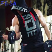 FESA Running Men Singlets Cotton Fitness Hooded Tank Top แขนกุด Sport TShirt Mens Workout Gym Singlet