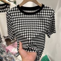 เสื้อยืดแขนสั้น Houndstooth สำหรับผู้ชายผู้หญิงสไตล์ยุโรปอเมริกันเสื้อแบบหลวมแฟชั่นไซส์ใหญ่