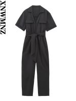 XNWMNZ 2023 New Women fashion belt zipper jumpsuit Woman retro lapel short-sleeve pocket female chic jumpsuit