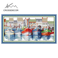 Crossdecor Cross Stitch การออกแบบใหม่รูปแบบภูมิทัศน์ Aida 14CT 11CT ผ้า Handmade ปักชุดพร้อมวัสดุสำหรับผู้เริ่มต้นตกแต่งสำหรับ Sala Wall-เรือใบที่มีสีสัน