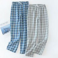 Mens Cotton Gauze Trousers Plaid Knitted Sleep Pants Woman Pajamas Pants Bottoms Sleepwear Short for Couples Pijama Hombre 2022