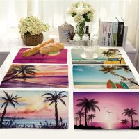 【LZ】❣  1Pcs Coconut tree Sunset Pattern Kitchen Placemat Dining Table Mat Coaster Cotton Linen Pad Cup Mat 42x32cm Home Decor MP0092