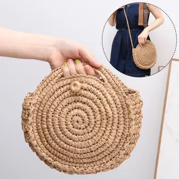 Round Women Hollow Straw Crossbody Shoulder Bags Handmade Woven