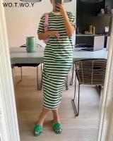 【YF】 WOTWOY Summer O-Neck Short Sleeve Stripes Dress Women Threads Knit Basic Green Striped Female Loose Backless Mujer