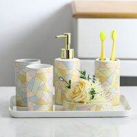 【jw】♚❐♤ Linhas geométricas Cerâmica Barthroom 5pcs Set Melamina Bandeja Banheiro Casamento Lavagem Fontes Do Toothbrush Holder