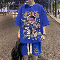 SUPEEON丨 ชุดเสื้อยืดผ้าฝ้ายทรงหลวมชุดกางเกงขาสั้นแขนสั้นพิมพ์ลายนักบินอวกาศสำหรับผู้ชาย