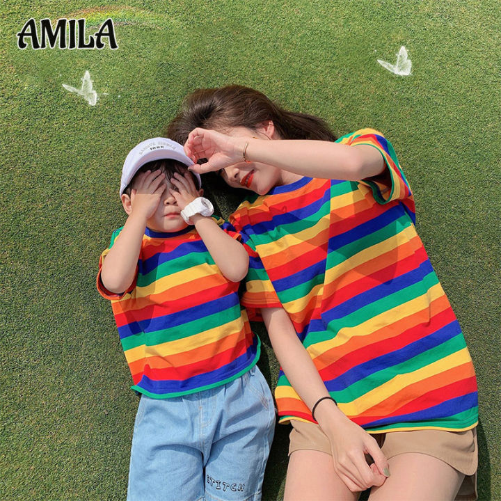 amila-ชุดพ่อแม่ลูกครอบครัวสามคนใหม่เสื้อยืดแขนสั้นสีรุ้งเข้มแฟชั่นสำหรับทั้งครอบครัว