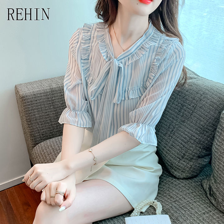 rehin-ผู้หญิงฤดูร้อนลายชีฟองแขนสั้นเสื้อ-bow-tie-collar-elegant-เสื้อ