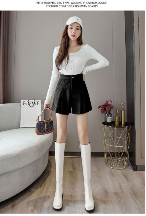 corduroy-กางเกงขาสั้นผู้หญิงฤดูใบไม้ร่วงใหม่เกาหลีแฟชั่น-lady-สูงเอวสั้นกางเกง-plus-ขนาดจีบสุภาพสตรีกระโปรง-pant