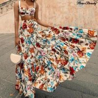 COD DSFGRDGHHHHH HB 2 Pcs/Set Women Top Skirt Suit Beach Style Hight Waist Patchwork Floral Print Sleeveless Women Bra Skirt Suit Female Clothes