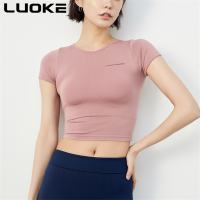 Luoke กีฬาสวมใส่เสื้อผู้หญิง Breathable กระชับแขนสั้นเย็บปักถักร้อยชุดนาวิกเซ็กซี่ชุดออกกำลังกายผู้หญิงวิ่งเสื้อผ้าโยคะ