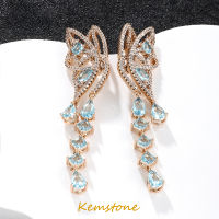 Kemstone Fashion Gold Plated Butterfly Pink Blue Yellow Cubic Zircon Crystal Long Tassel Drop Earrings for Women Light Luxury Gift