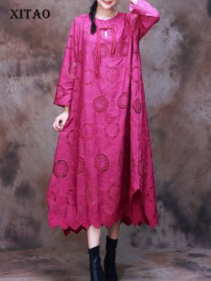 XITAO Dress Hollow Out Jacquard Vintage Long Sleeve Dress