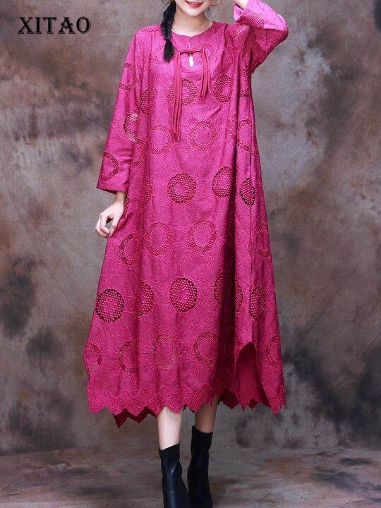 xitao-dress-hollow-out-jacquard-vintage-long-sleeve-dress