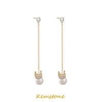 Kemstone มงกุฎไข่มุกทรงยาวสีทองสำหรับผู้หญิงเครื่องประดับแฟชั่นต่างหูแบบห้อย