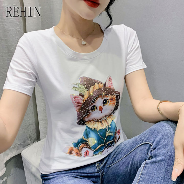 rehin-women-s-top-heavy-duty-diamond-stamping-cartoon-cat-printing-short-sleeved-t-shirt-slim-fit-niche-elegant-blouse