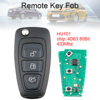 433Mhz 3ปุ่มพลิก Keyless Entry Fob พร้อมชิป80Bit 4D63และใบมีด HU101เหมาะสำหรับฟอร์ด