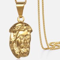 【CW】Trendsmax Womens Necklace Jesus Pendant Gold Color Box Chain For Men Head Face Christian Fashion Jewelry KGP196