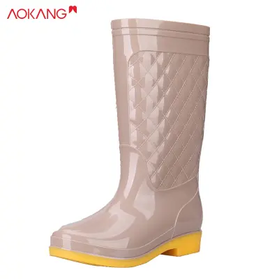 AOKANG รองเท้ากันฝนรองเท้ากันฝนรองเท้ากันน้ำทรงสูงแฟชั่นสีทึบ รองเท้ากันฝนทํางานสําหรับผู้ใหญ่ รองเท้ายางกันฝนผู้หญิง รองเท้าในครัว