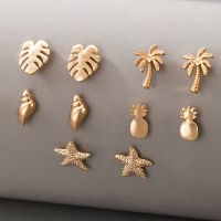 Tocona 5pairsets Bohemian Leaf Earrings Set for Women Exuquisite Starfish Pineapple Conch Summer Jewelry Accessories 16698