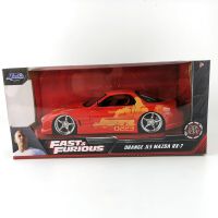 ของเล่นสำหรับรถโมเดลงานแม่พิมพ์รถสีส้มของ JADA 1/24 Fast And Furious รถมาสด้าจำลอง RX-7โลหะ