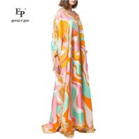 【YF】 EFATZP New Plus Fat Loose Kaftan Style Dress Womens V-Neck Beautiful Print Elastic Silk Jersey Long Dresses