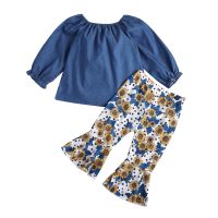 Girl’s 2Pcs Clothes Suit Solid Color Long Sleeve Off-shoulder Tops with Sunflower Printed Flared Long Pants for Spring and Fall  by Hs2023