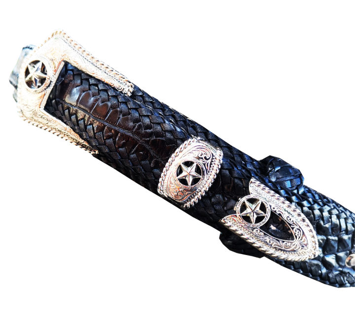 genuine-crocodile-leatherเข็มขัด-cowboy-สายสีดำ-หัวดาว-แบบหัวชุด-ใช้ได้ทั้งในออฟฟิต